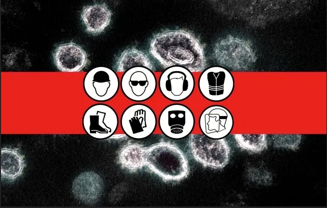 Image shows virus cells overlayed by eight different symbols of workplaces