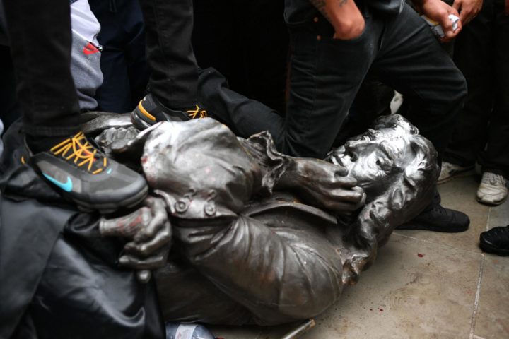 The statue of Edward Colston, toppled at a Black Lives Matter demonstration