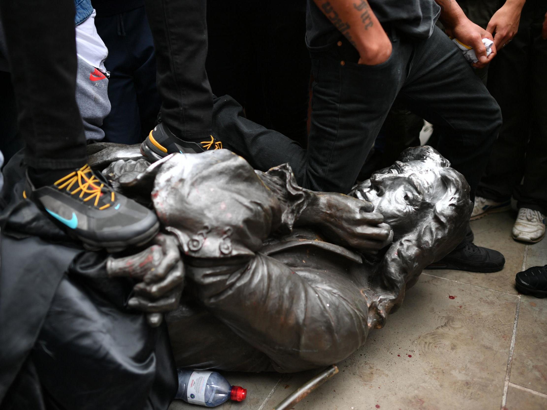 The statue of Edward Colston, toppled at a Black Lives Matter demonstration