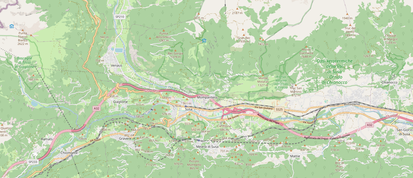 OSM screenshot showing places in the Susa Valley such as Chiomonte and Venaus "Map data copyrighted OpenStreetMap contributors and available from https://www.openstreetmap.org"